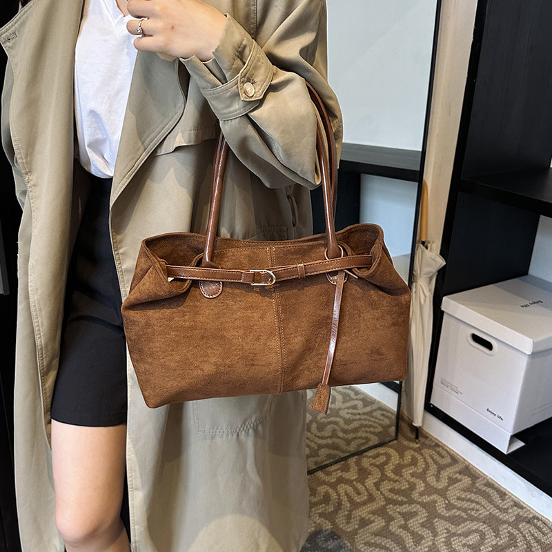 Vintage Suede-Look East-West Shoulder Bag with Belt Detail