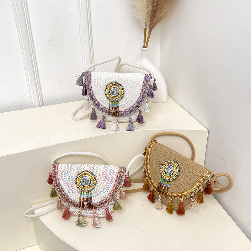 Women's Tassel Braided Shell Beach Crossbody Bag