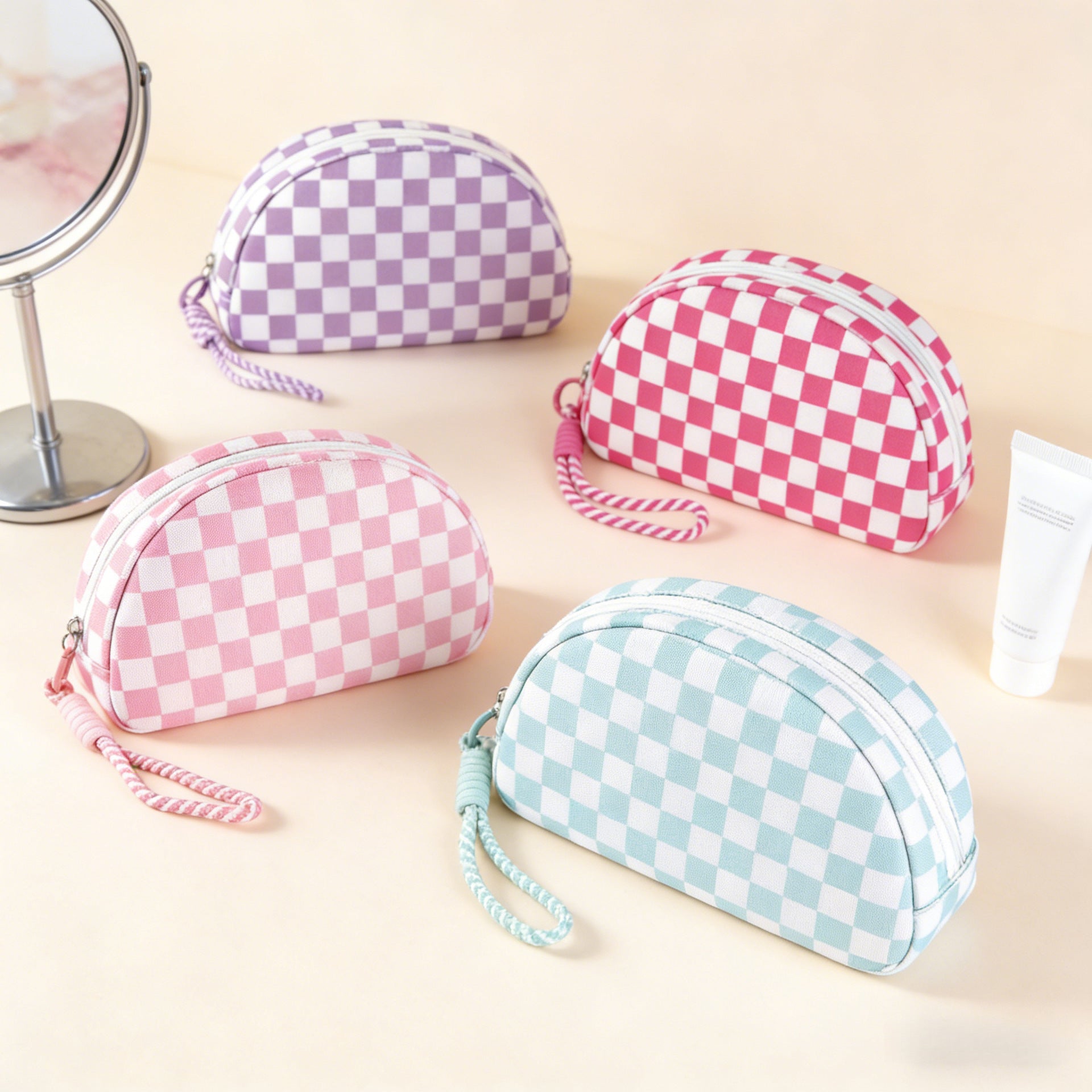 Polyester Checkered Tassel Clutch Waterproof Travel Cosmetic Bag
