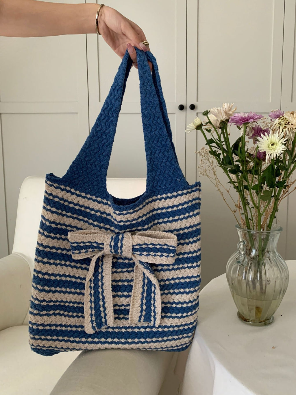 Sweet Striped Crochet Tote with Bow