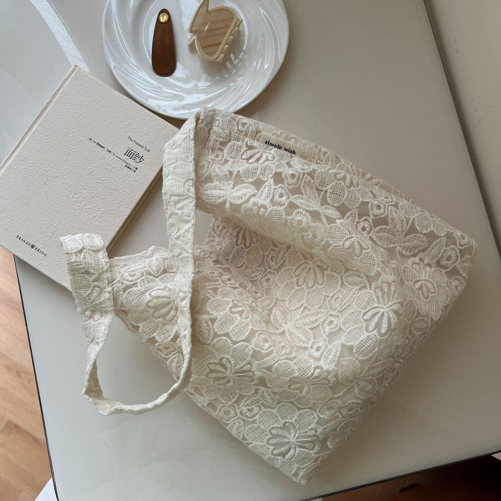 [Suxi Cloth Bag] French Lace Embroidered Gauze Cotton Bag Single Shoulder Underarm Women'S Canvas Bag Literary Simple Retro