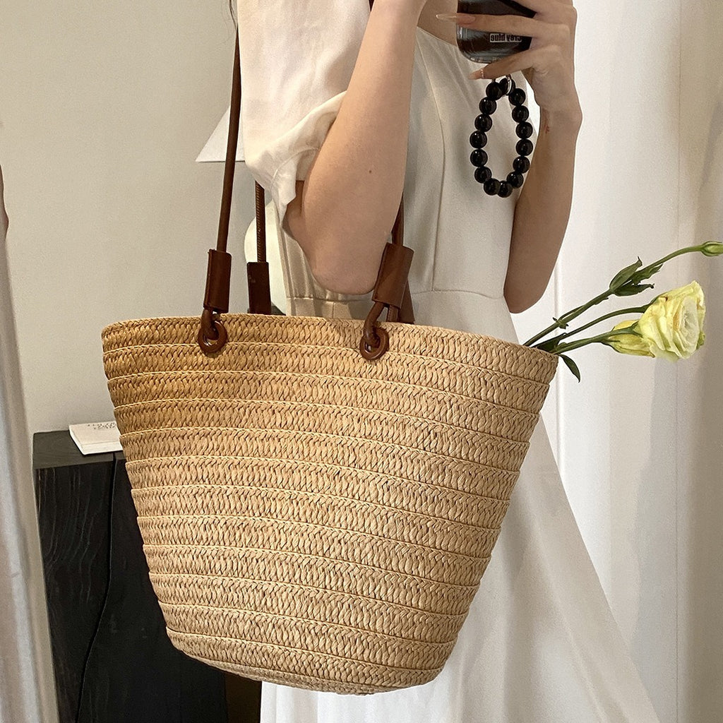 Women French Straw 2026 Summer New Woven Beach Large Shoulder Tote Bag