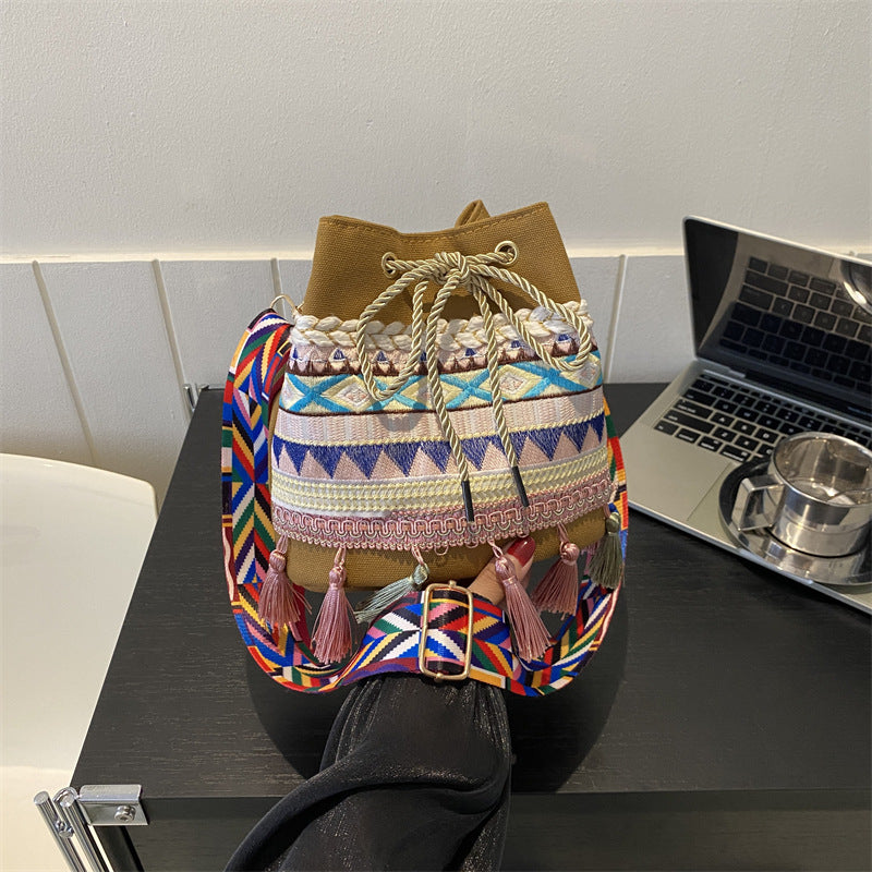 Ethnic Tassel Totem Bucket Crossbody Bag
