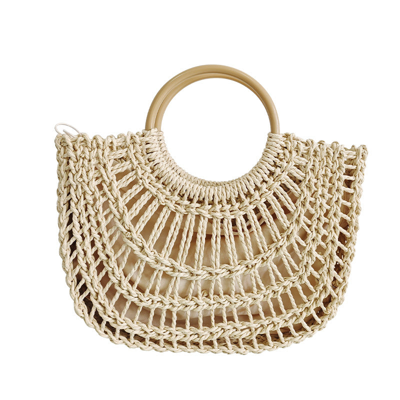 Solid Color Hand-Woven Hollow Straw Retro Beach Bag