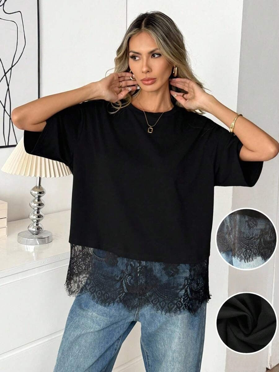 Women Round Neck Lace Splicing Loose T-Shirt