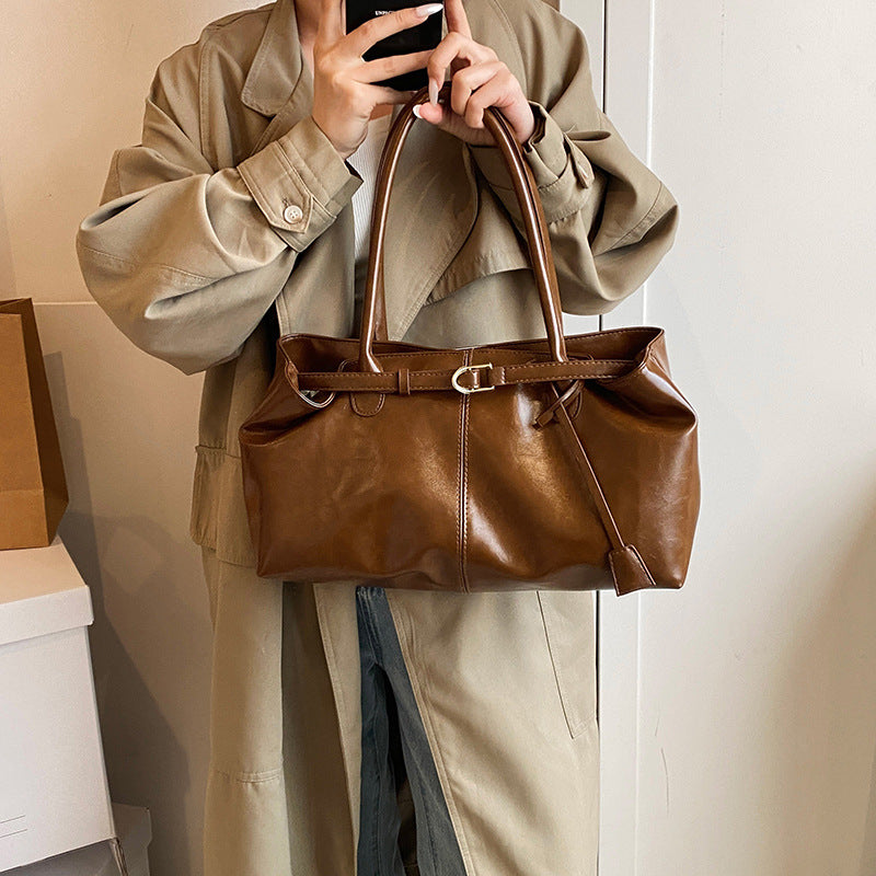 Glossy East-west Shoulder Bag with Elegant Belted Detailing