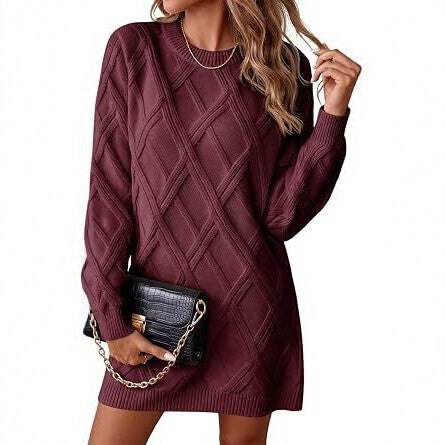 2026 European and American-Style Diamond-Pattern Knit Dress for Women—New Fall/Winter Collection: Loose-Fitting Long-Sleeve Sweater Dress, Fashionable Short Dress