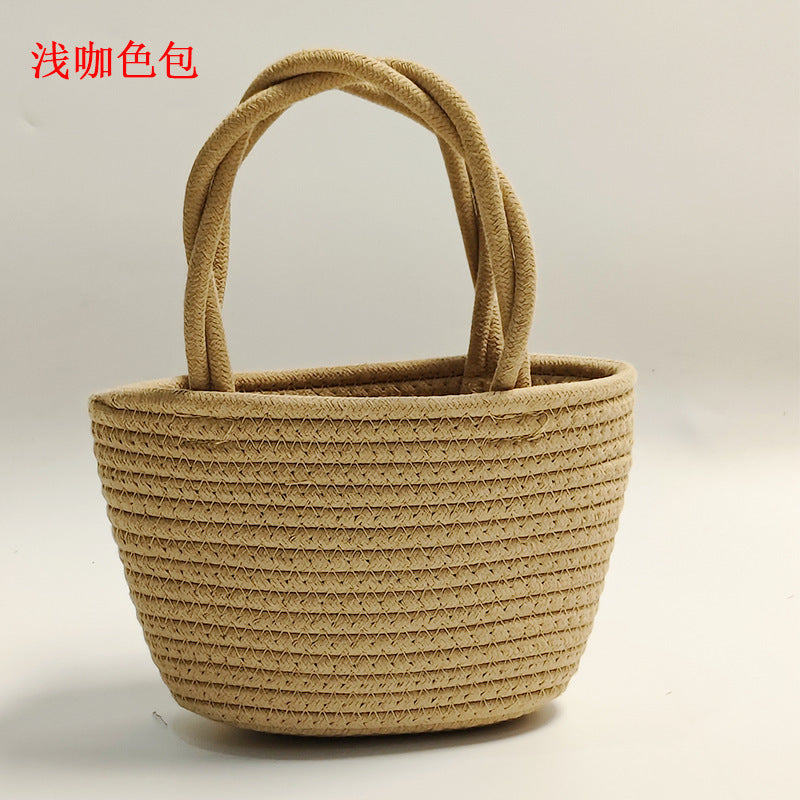 Retro Striped Cotton Woven Straw Detail Vacation Beach Handheld Basket Bag