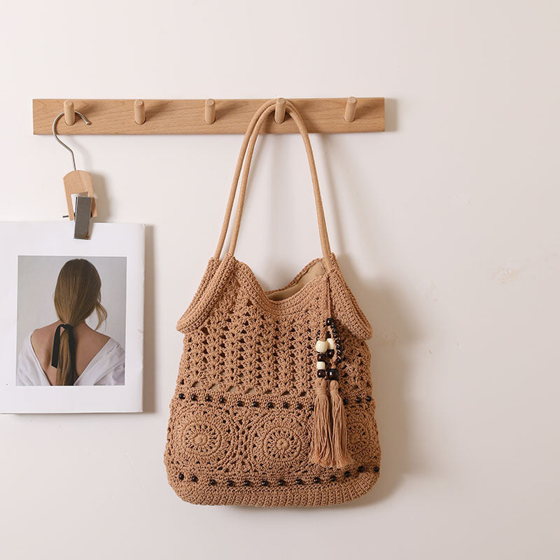 Wooden Beads Tassel Cotton Woven Hollow Straw Beach Bag