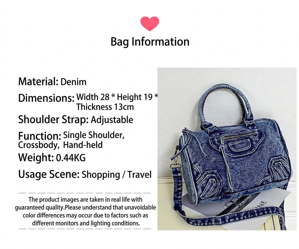 2026 Retro Washed Denim Tote Bag, Large Capacity Shoulder Crossbody Handbag