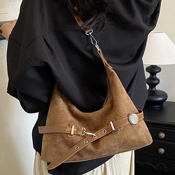 Soft Suede Belted Hobo Shoulder Bag