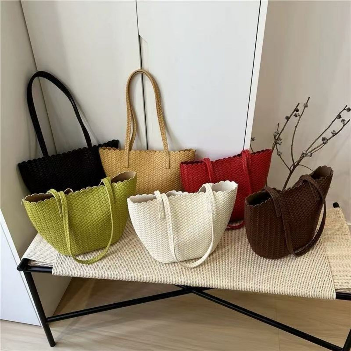 Woven PU Leather Shoulder Tote Bag with Scalloped Edge
