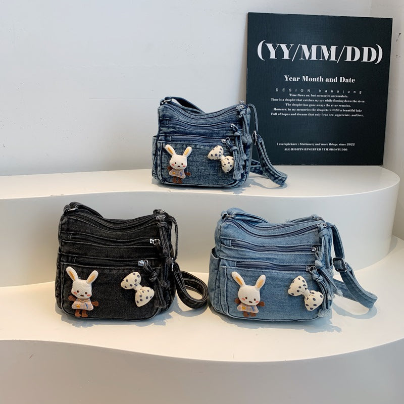 Cute Bunny Denim Crossbody Bag with Multiple Zipper Pockets