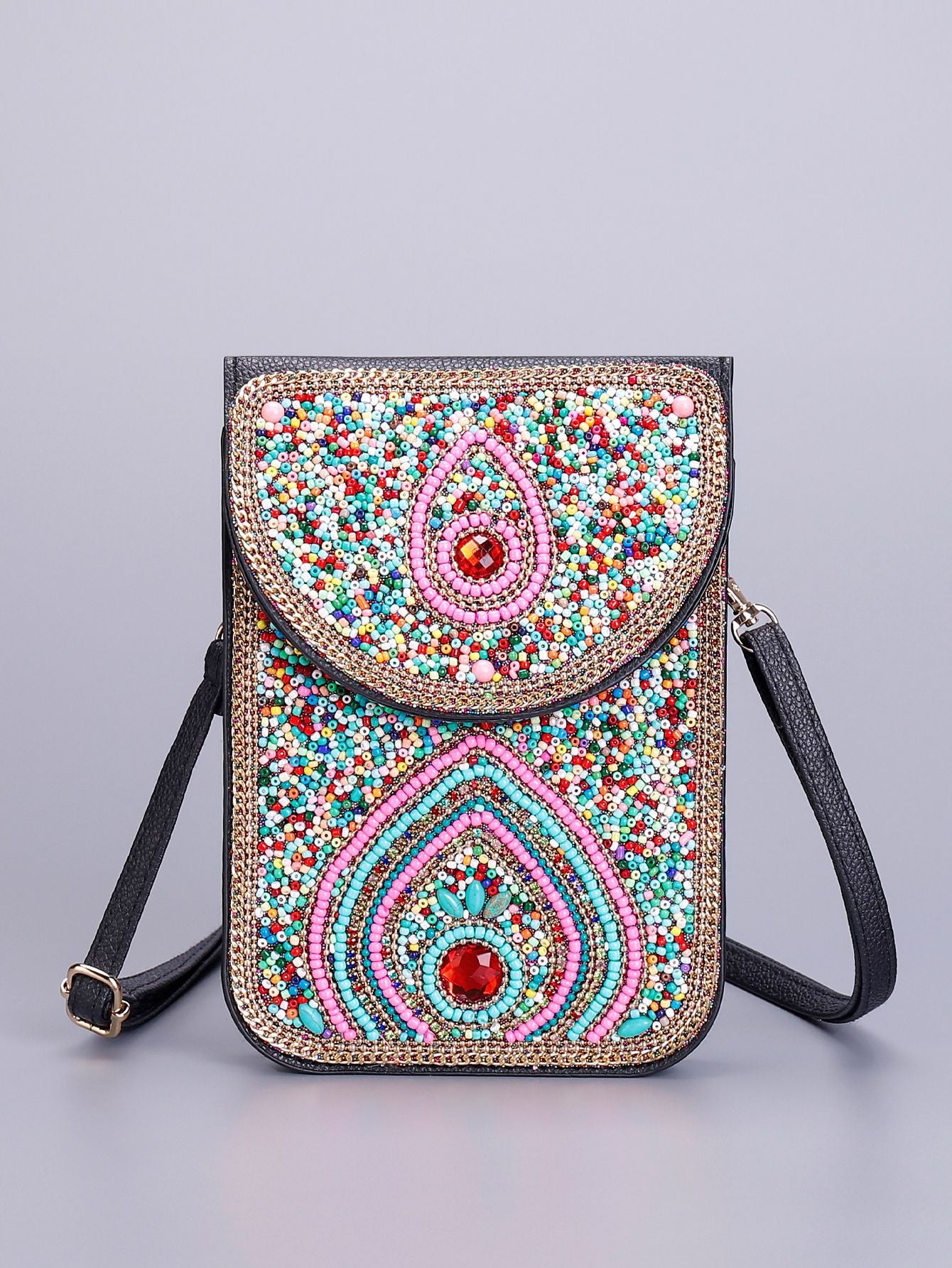 Women Ethnic Style Beaded Crossbody Bag, Handmade Turquoise Red Phone Bag