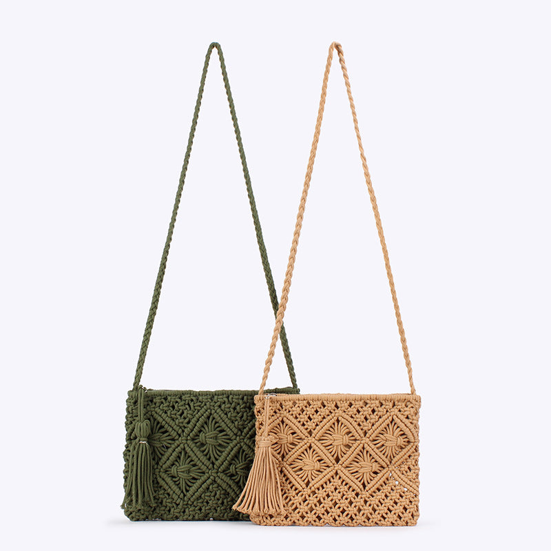 Women Retro Tassel Cotton Rope Woven Crossbody Beach Bag