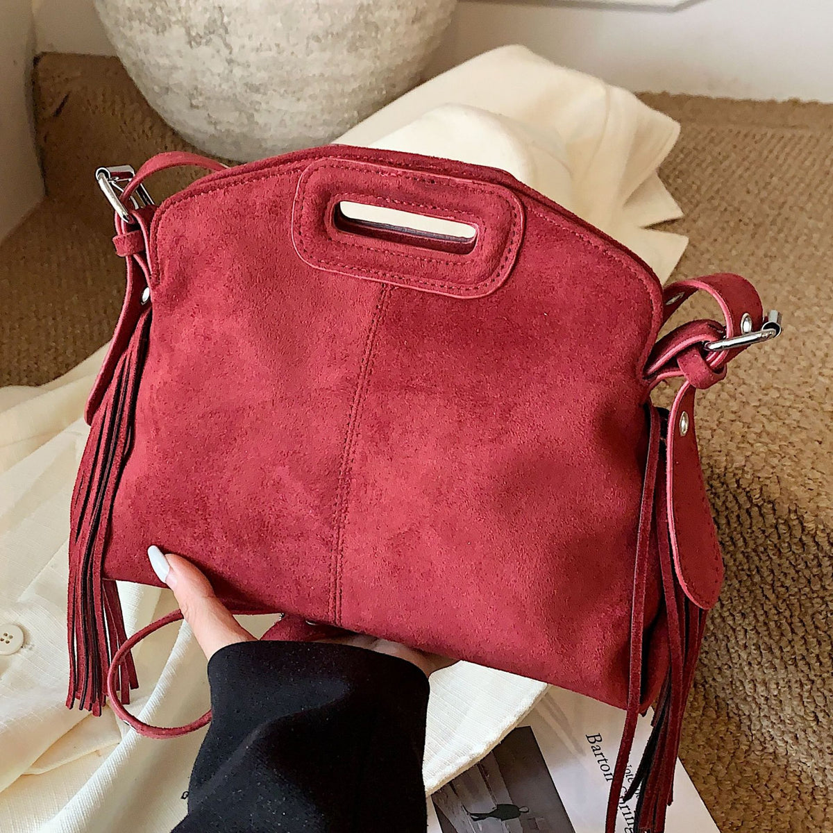 Vintage Faux Suede Fringe Crossbody Bag with Cutout Handle