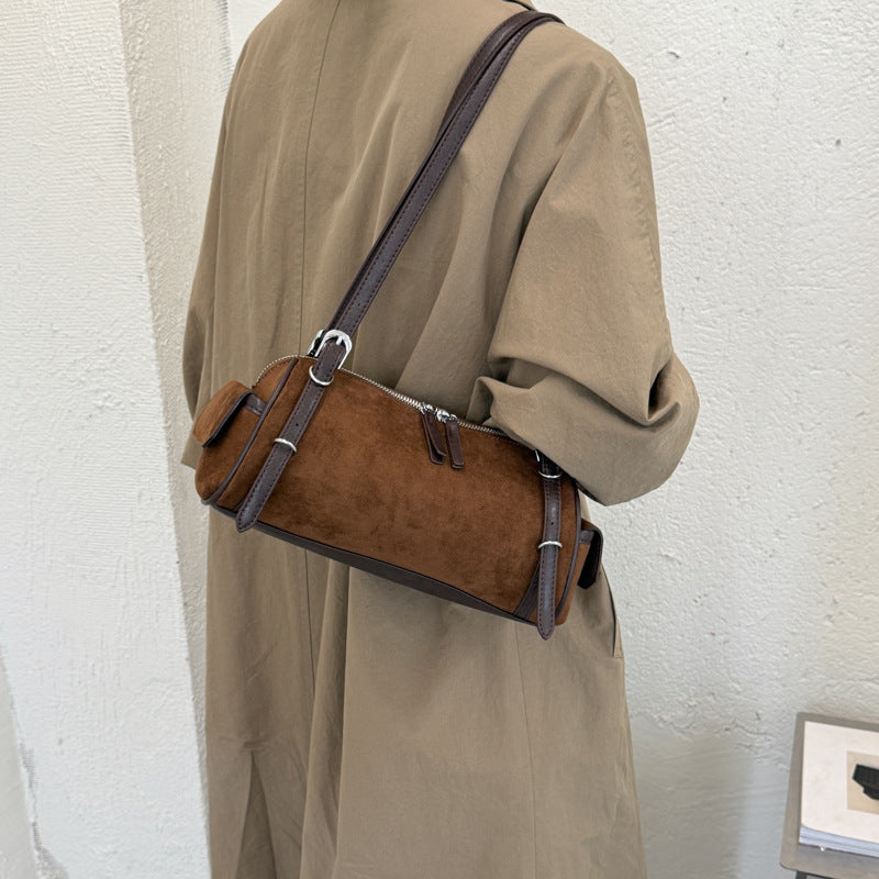 Chic Suede Baguette Shoulder Bag with Double Zipper