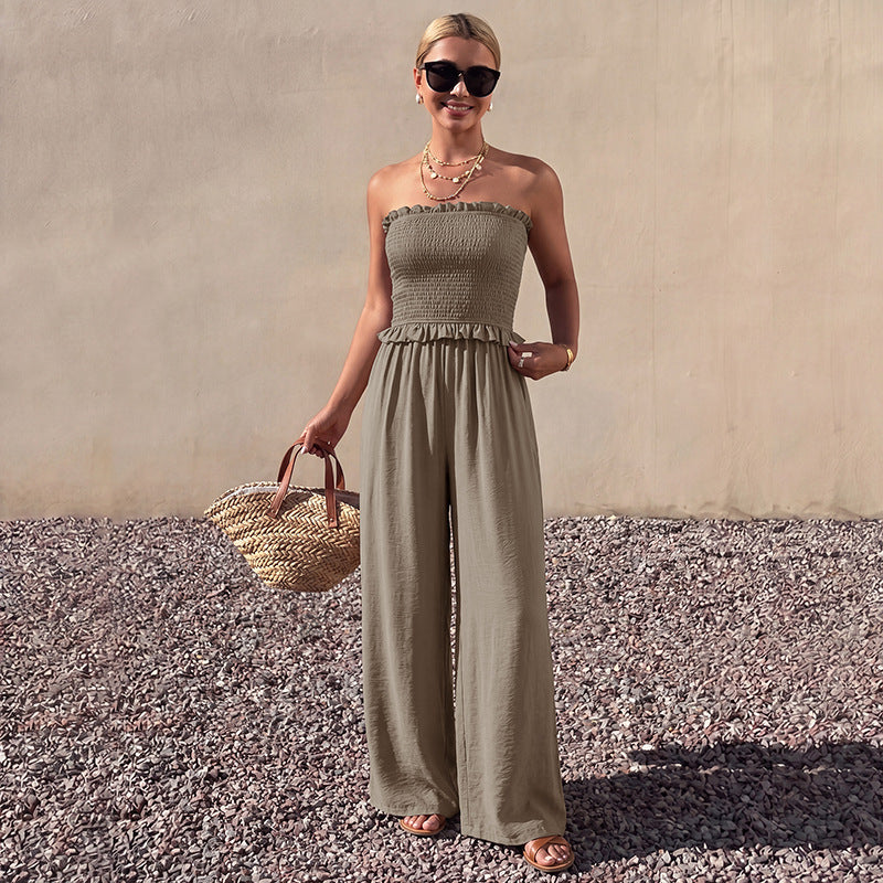 2026 Summer New Minimalist Relaxed Brown Textured Strapless Wide Leg Jumpsuit