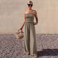 2026 Summer New Minimalist Relaxed Brown Textured Strapless Wide Leg Jumpsuit