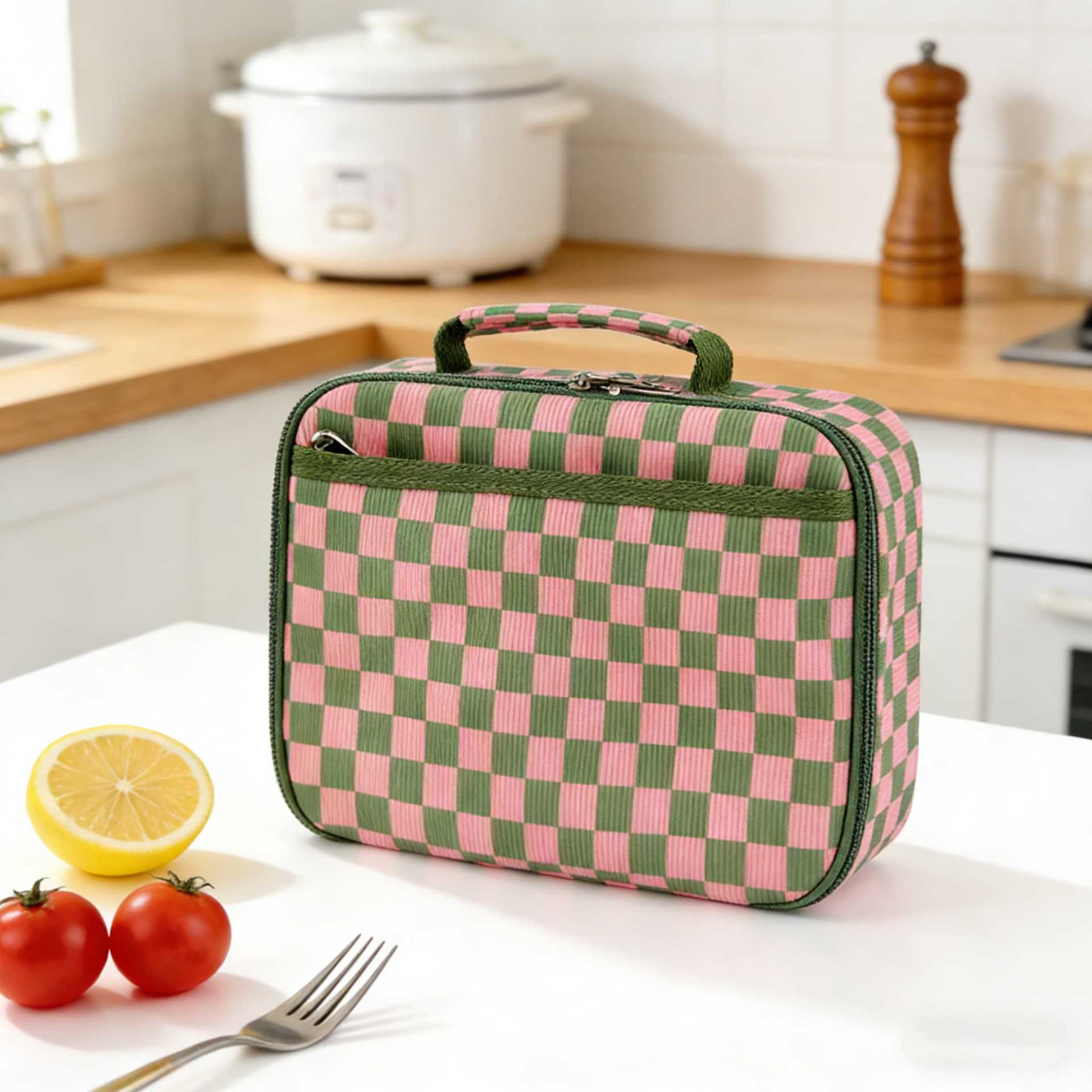 Corduroy Checkerboard Insulated Portable Lunch Bag