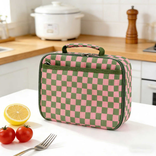 Corduroy Checkerboard Insulated Portable Lunch Bag