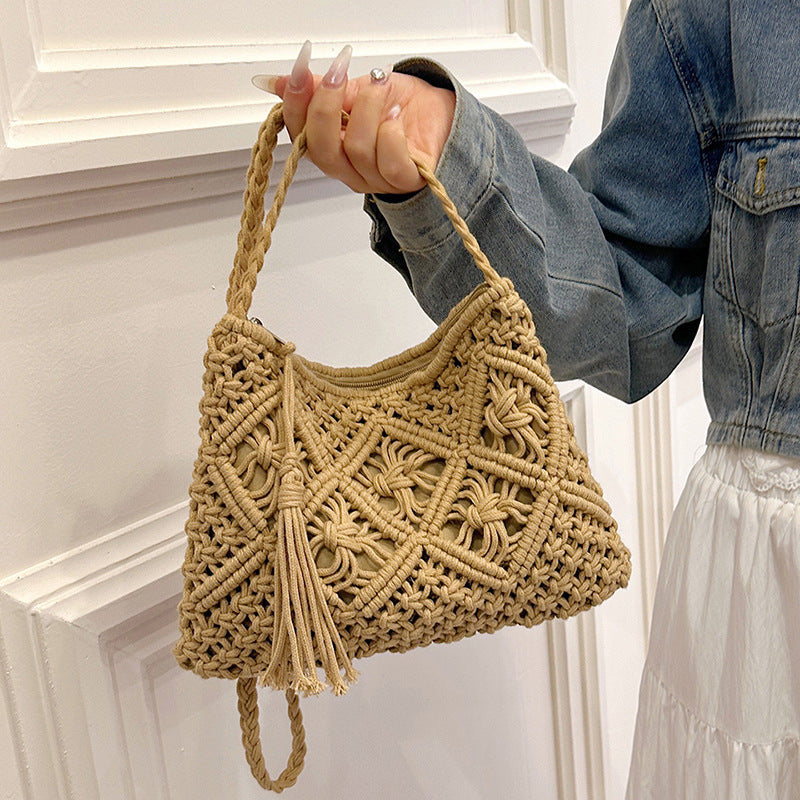 Cotton Ethnic Hand-Woven Hollow Tassel Crossbody Bag
