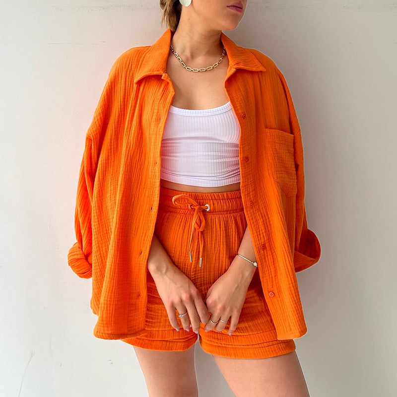 European And American Clothing Two-Piece Set Wrinkled Lapel Long-Sleeved Shirt High-Waisted Drawstring Shorts Large Size Fashion Casual Suit