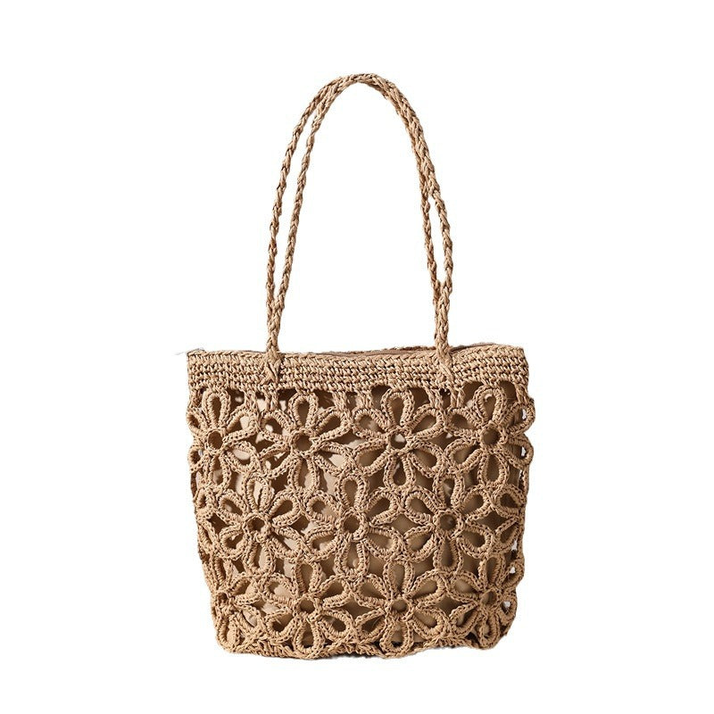 Women New Hollow Floral Straw Woven Shoulder Handheld Beach Bag