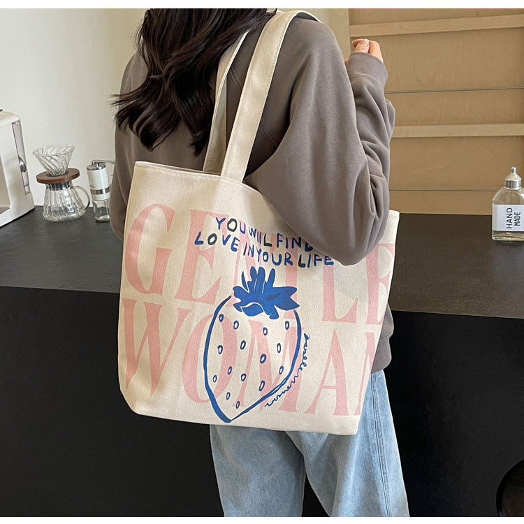 Women Strawberry Letter Canvas Shopping Shoulder Bag