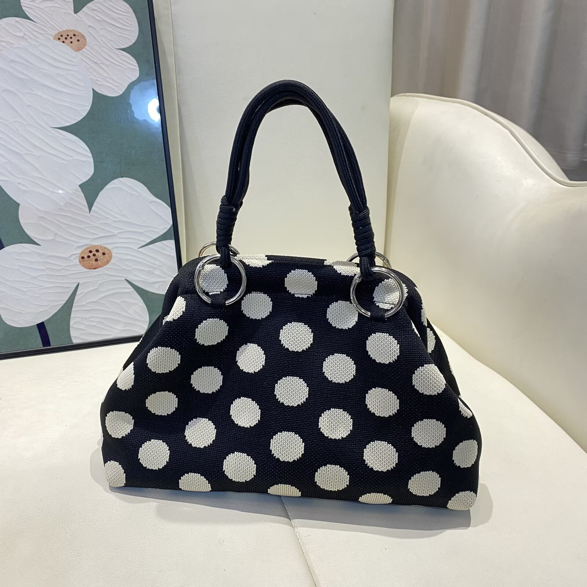 Geometric Woven Rope Handle Dumpling Top Handle Bag