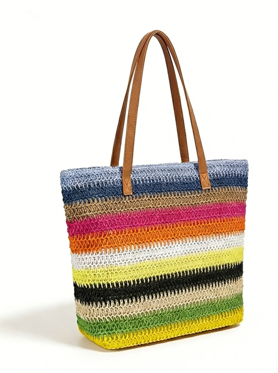 Striped Contrasting Color Handmade Straw Tote Bag