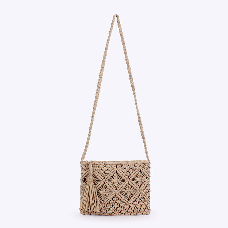 Women Retro Tassel Cotton Rope Woven Crossbody Beach Bag