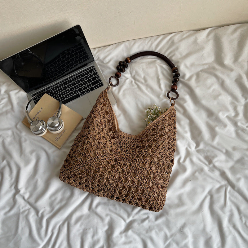 Women Summer Hollow Straw 2026 New Vintage Wood Bead Shoulder Beach Bag