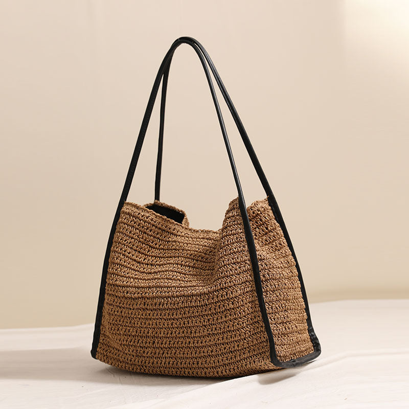Women Large Shoulder Straw New Square Solid Woven Beach Bag