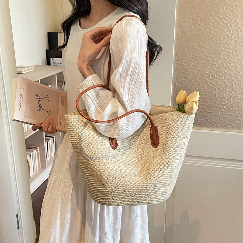 Women Trendy Shoulder Straw New Large Woven Beach Handheld Tote Bag