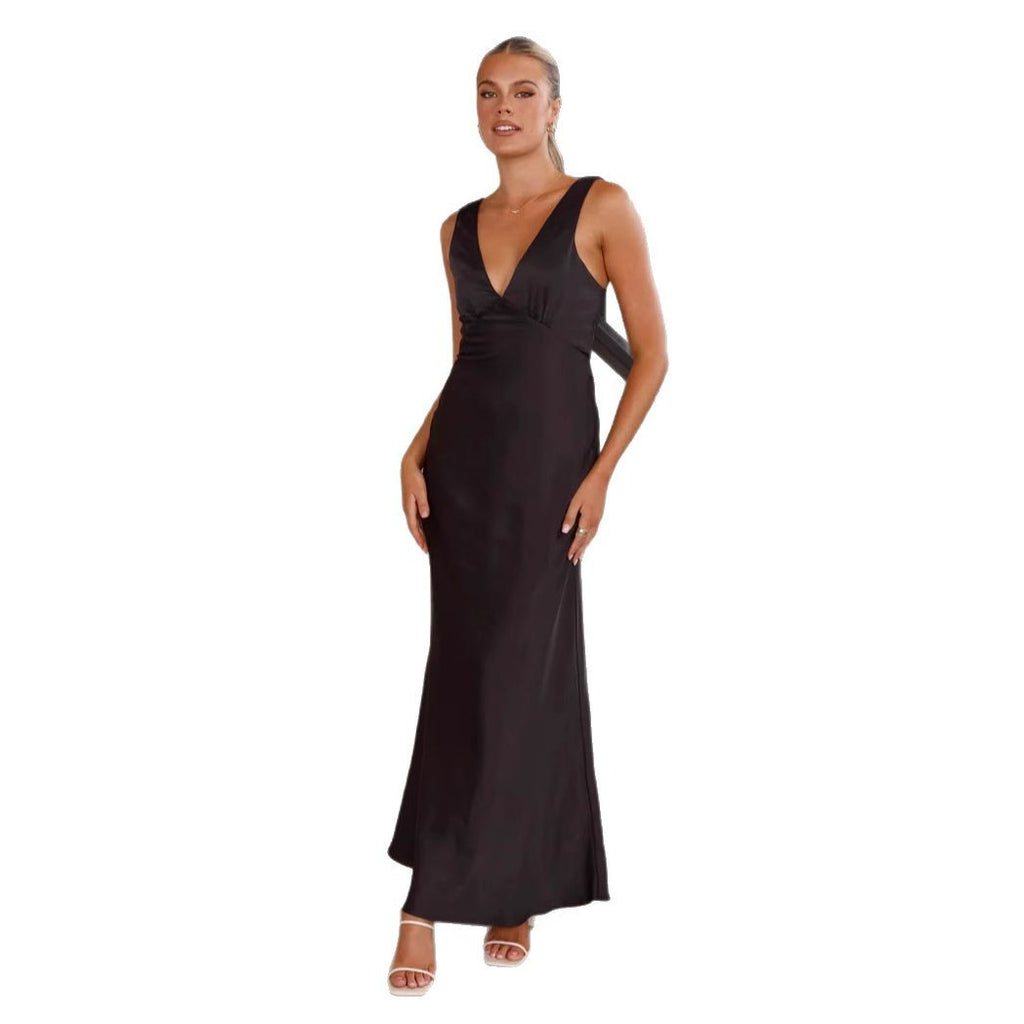 Solid Color V-Neck Slim Sexy Evening Dress