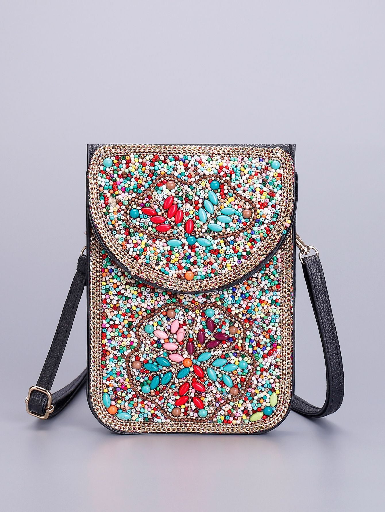 Women Ethnic Style Beaded Crossbody Bag, Handmade Turquoise Red Phone Bag