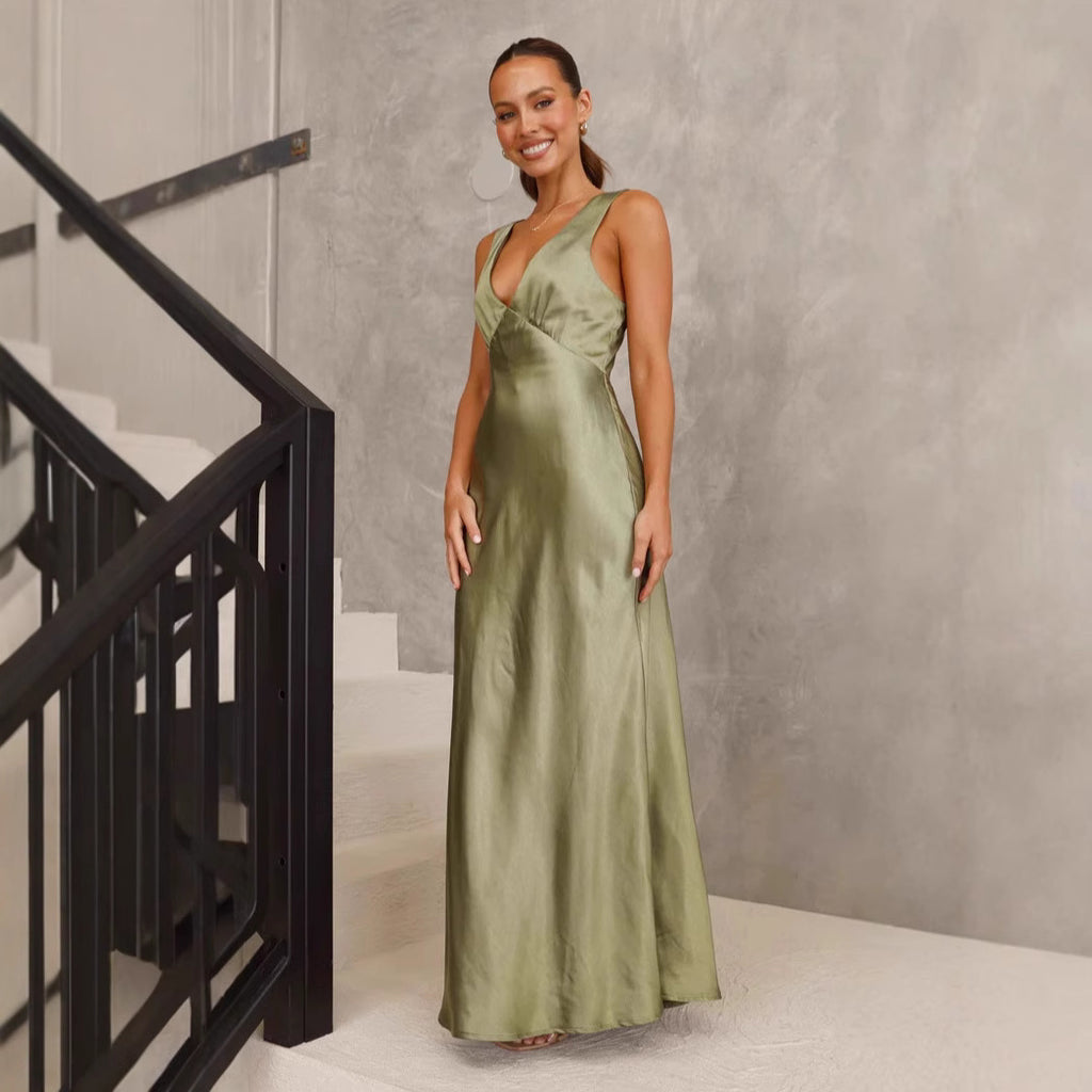 Solid Color V-Neck Slim Sexy Evening Dress