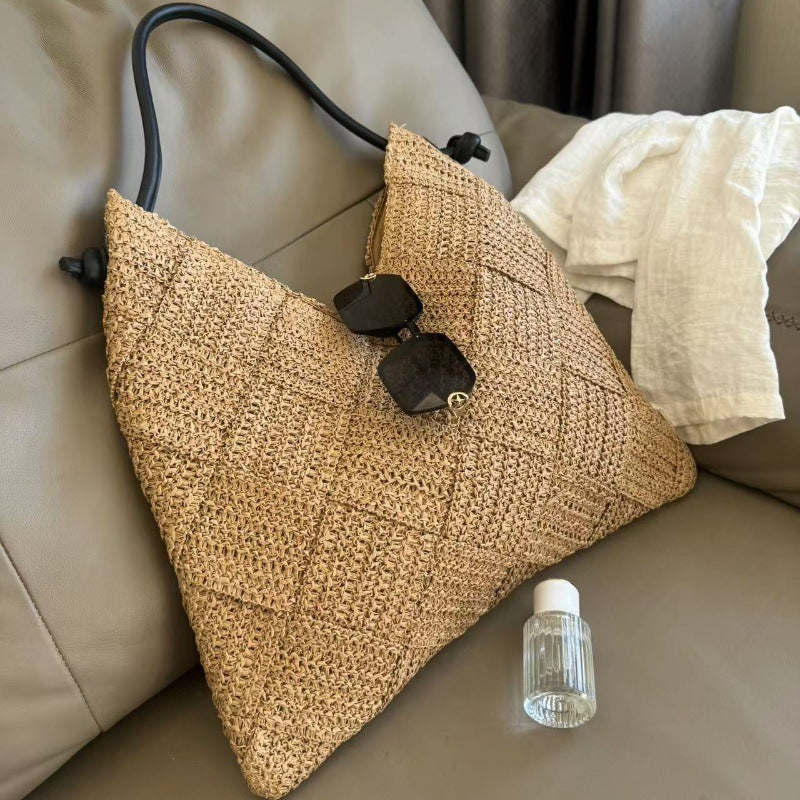 Women Casual Hollow Cotton Woven Shoulder Bag, Portable Straw Beach Vacation Bag