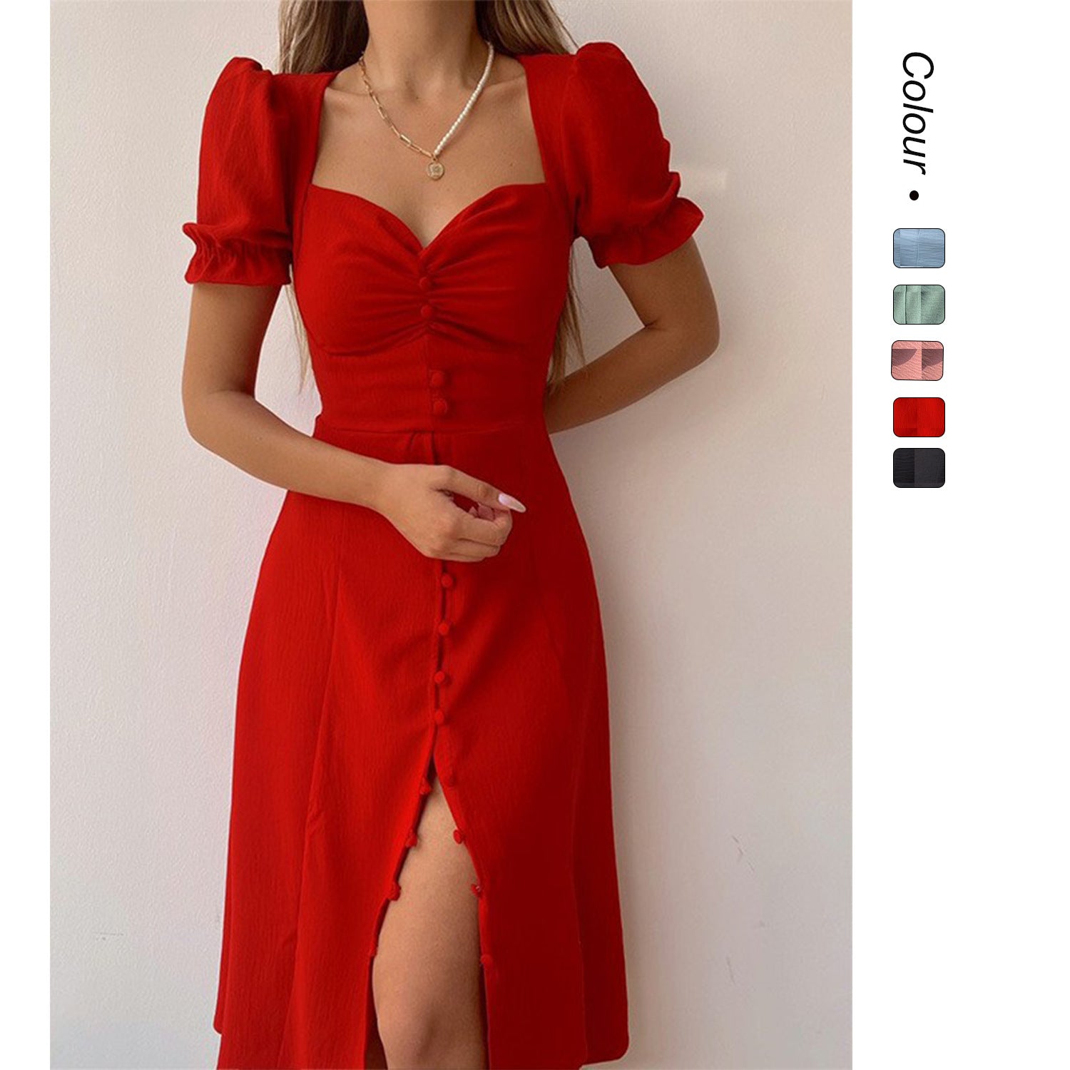 V-Neck Single-Breasted Mid-Length Dress