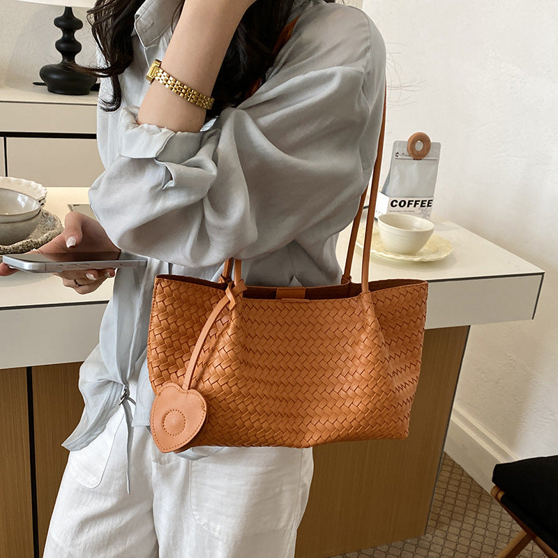 Woven PU Leather Shoulder Tote Bag with Heart Charm