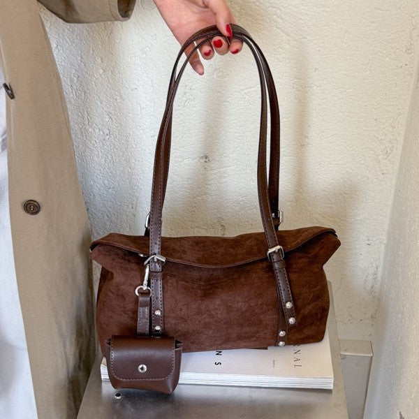Vintage Suede Shoulder Bag with Mini Pouch and Adjustable Strap