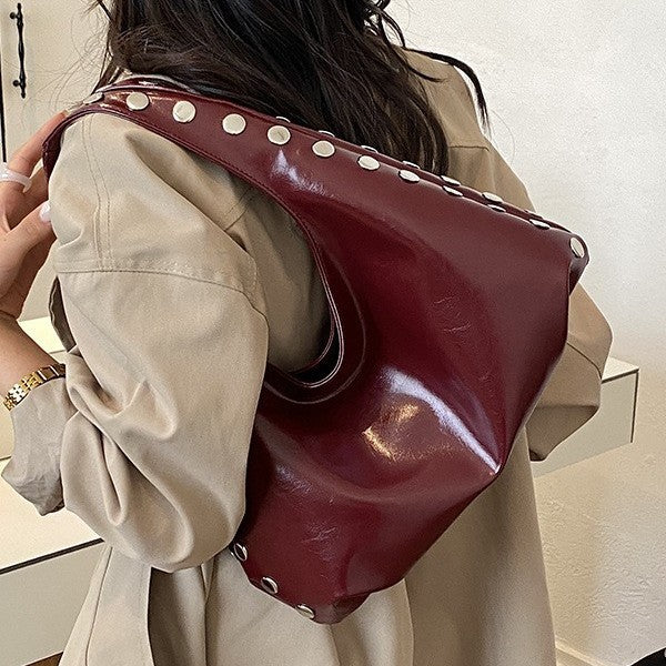 Glossy Hobo Shoulder Bag with Bold Metal Stud Detailing