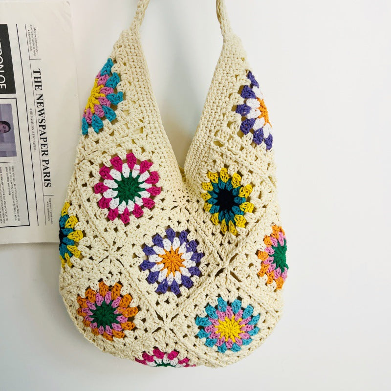 Women Fashion Crocheted Paper Shoulder Bag, Sunflower Hollow Cotton Woven Bag