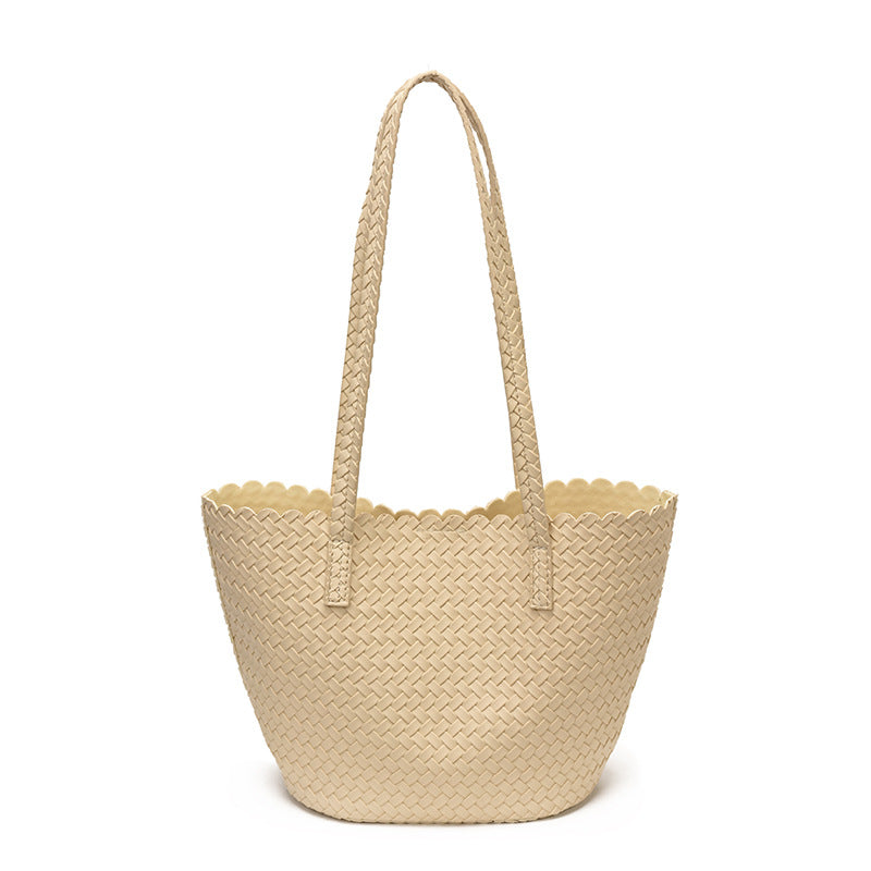 Woven PU Leather Shoulder Tote Bag with Scalloped Edge