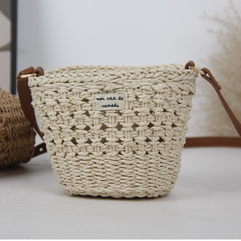 Women Cute Hollow Straw Bucket Bag, Vacation Beach Crossbody Shoulder Bag