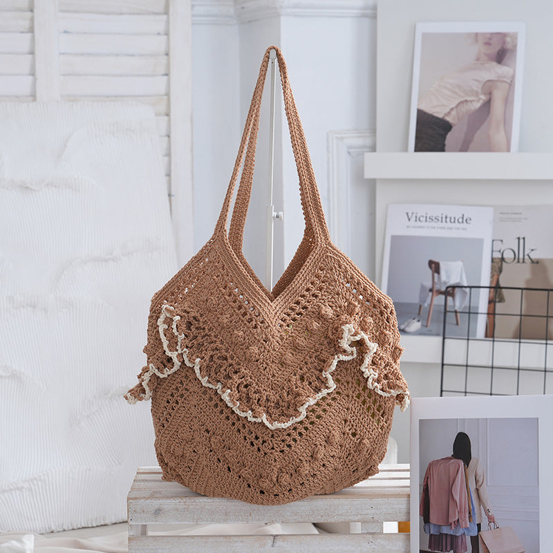 Women 2026 Hollow Woven Shoulder Tote Beach Vacation Bag