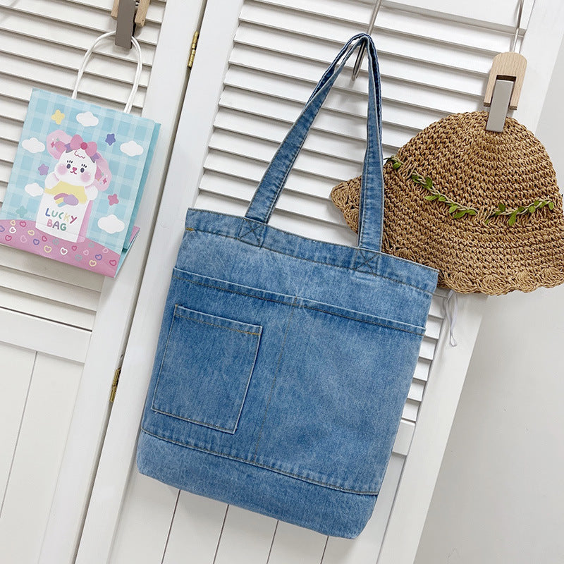 Cross-Border Denim Bag Shoulder Bag Women'S Casual Simple Korean Style Girls' Tote Bag Canvas Student Portable Tutoring Bag