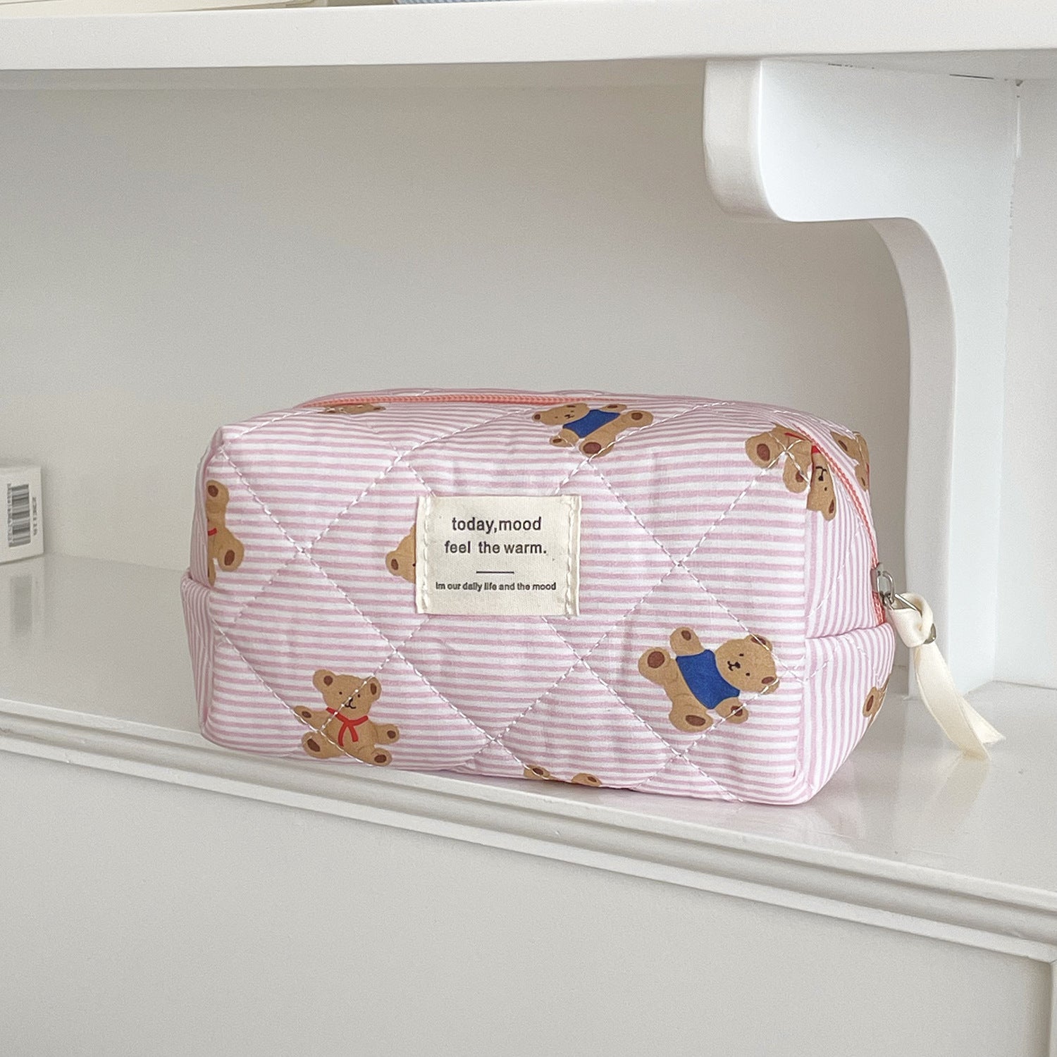 Striped Bear Large Capacity Quilted Cosmetic Bag