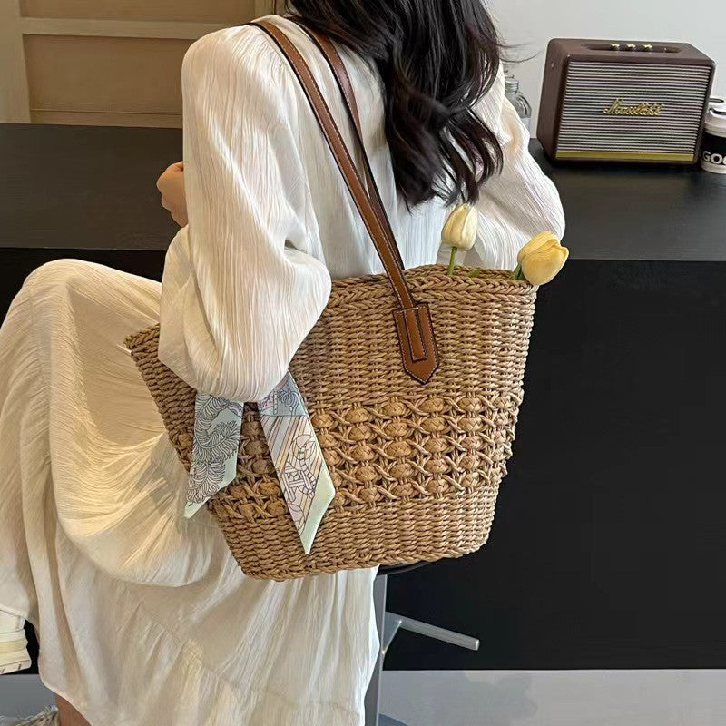 Large Capacity Woven Straw Beach Shoulder Tote Bag